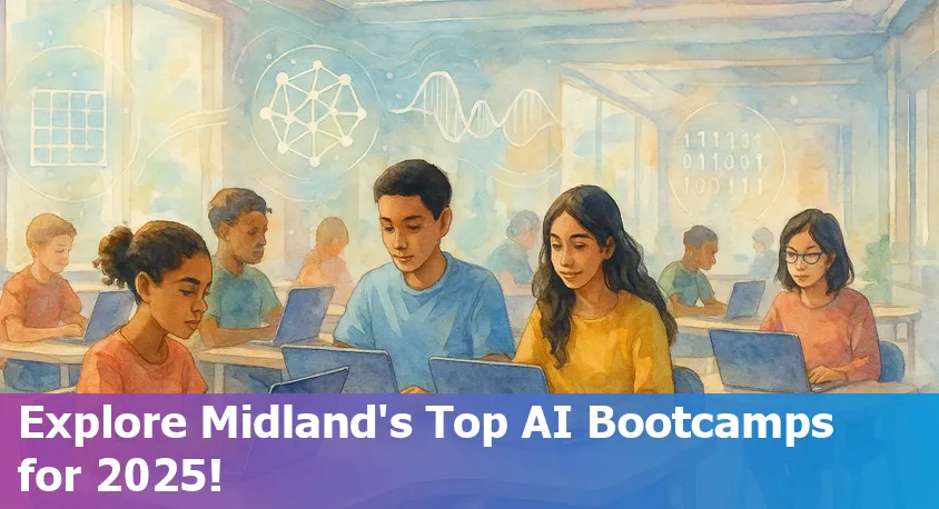 Midland, Texas skyline with digital AI icons, representing tech education and bootcamps in 2025.