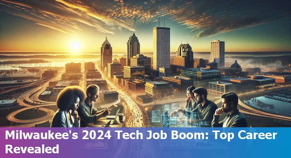 Skyline of Milwaukee, Wisconsin with tech icons representing job demand in 2024.