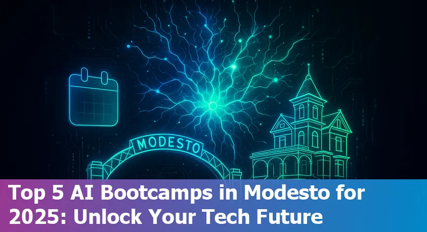 Collage of Modesto cityscape, diverse students coding, and AI bootcamp digital screens in a classroom