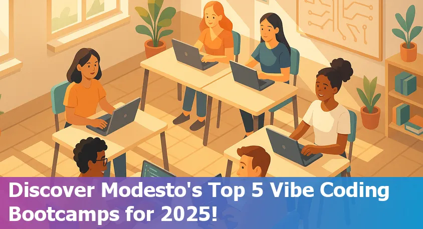 Smiling diverse group of students collaborating on laptops in a bright Modesto classroom, representing top coding bootcamps in 2025.