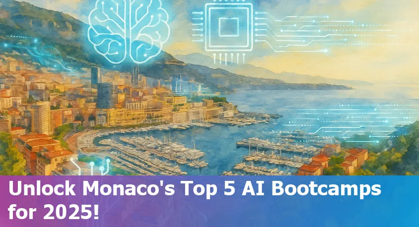 Monaco skyline with digital AI icons, symbolizing AI bootcamps and tech learning in 2025.