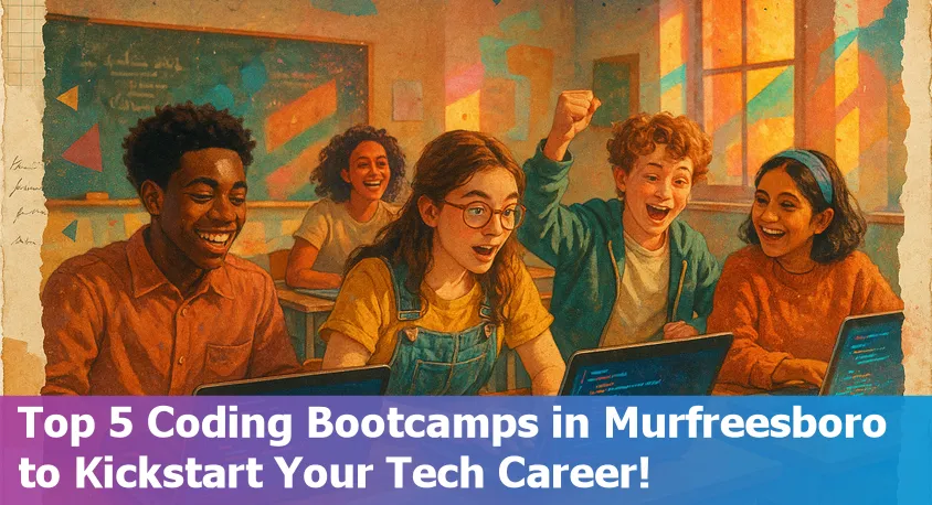 Five coding bootcamp students collaborating in a bright classroom in Murfreesboro, Tennessee, with laptops and code on screens.