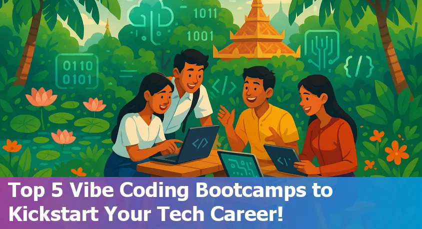 Group of beginner coding students collaborating in a modern classroom setting in Myanmar with laptops and whiteboards.