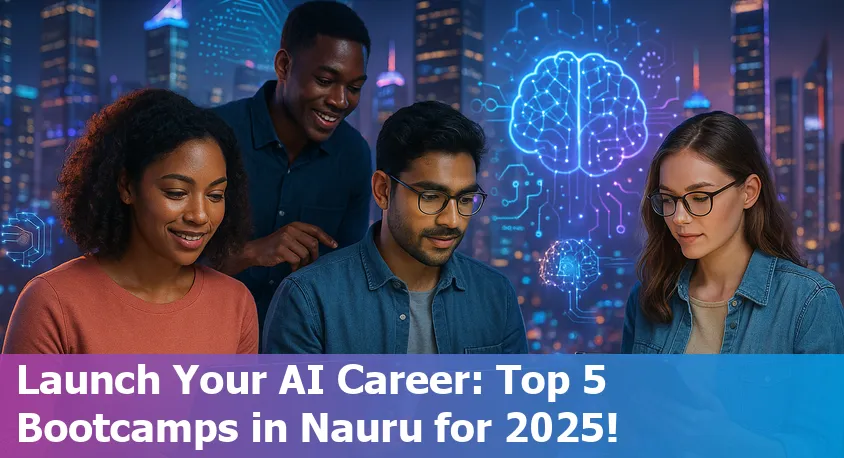 Aspiring AI students in Nauru studying online with laptops, surrounded by digital icons representing artificial intelligence.