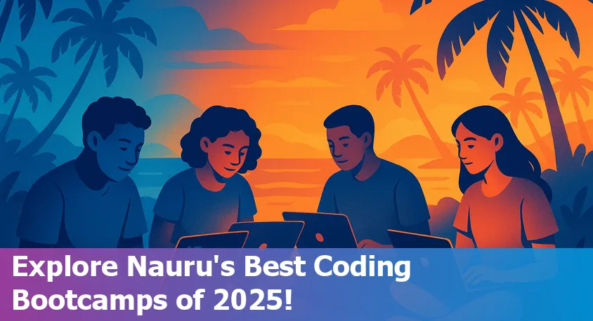 Happy coding students in Nauru studying online with laptops and tropical backgrounds