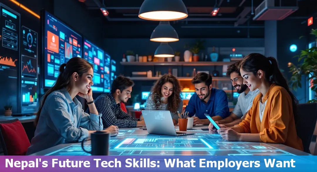 Illustration of tech skills trending in Nepal 2025, including cloud computing and AI.