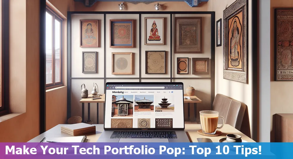 Person working on a tech portfolio on a laptop, with Kathmandu in the background.