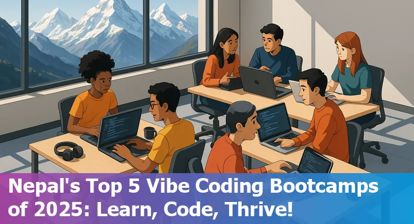 Group of coding bootcamp students collaborating in Nepal, using laptops in a vibrant, supportive learning environment.