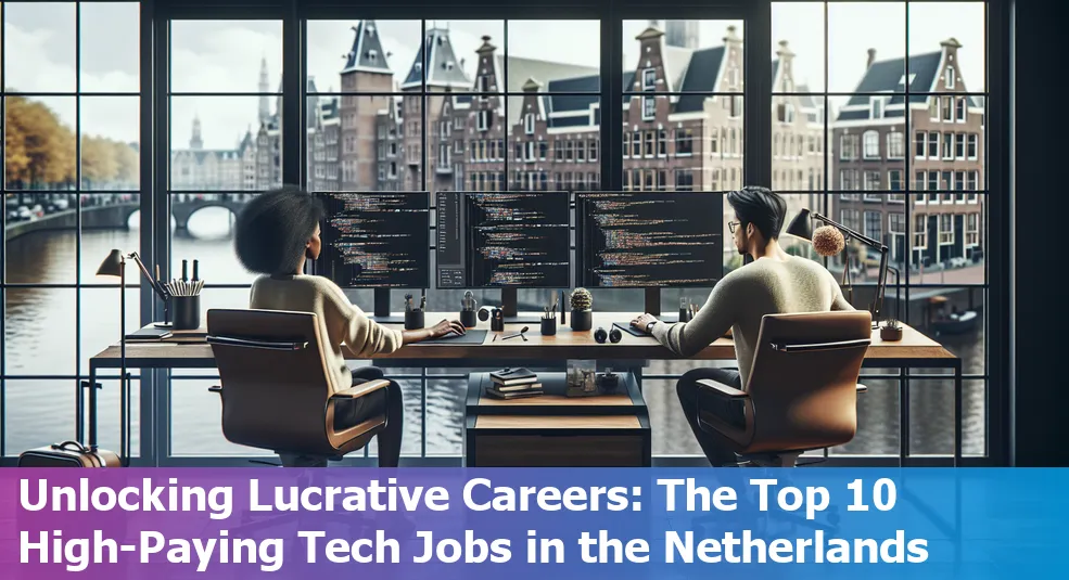 List of top 10 high-paying tech jobs in Netherlands with laptop and technology icons in the background