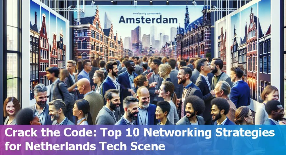 A diverse group of professionals networking at a tech event in the Netherlands.