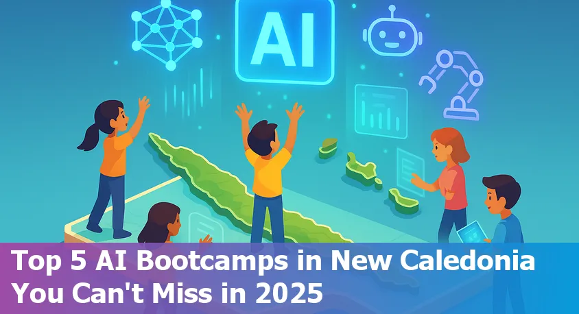 A diverse group of beginner students attending an online AI bootcamp from New Caledonia in 2025, collaborating via laptops.