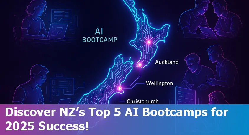 Five AI bootcamp students learning together in New Zealand, 2025, with laptops and digital screens.