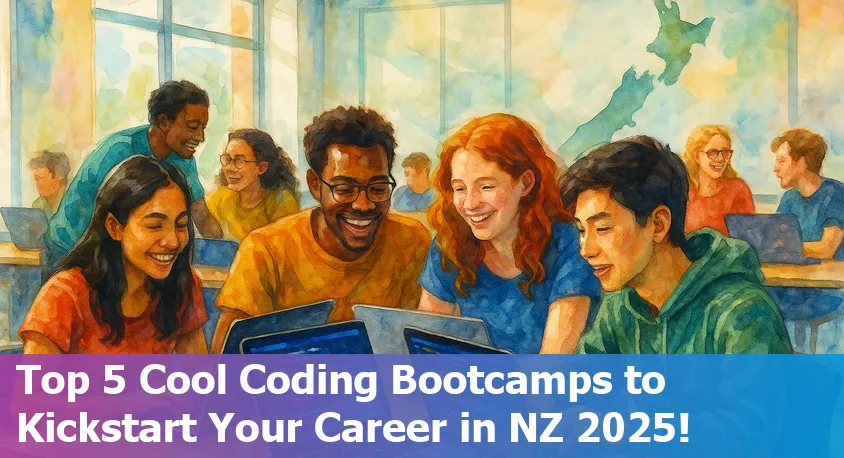 Students coding together in a New Zealand tech bootcamp classroom, collaborating on laptops in 2025.