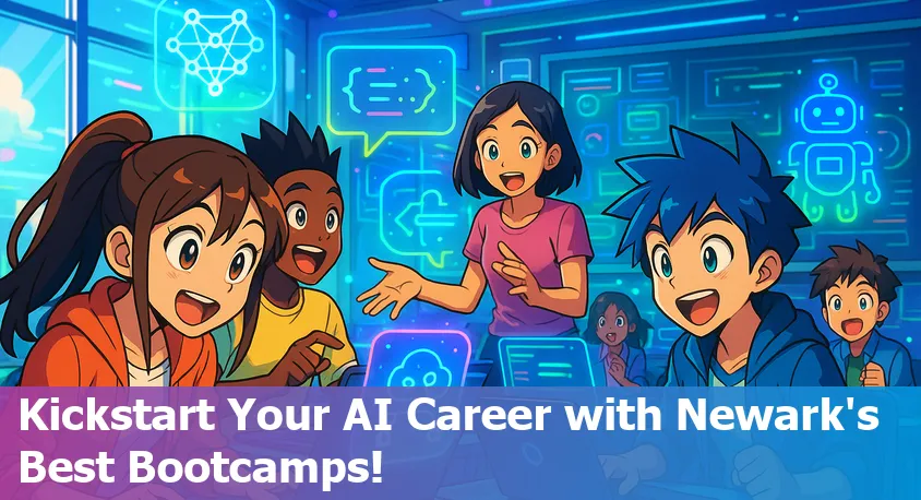 Group of diverse students learning AI in Newark, New Jersey, with laptops and instructor in modern classroom.
