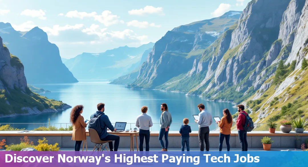 A diverse group of tech professionals working together in a modern office in Norway, representing various high-paying tech roles.