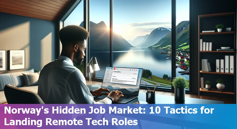 Person working remotely on a laptop with Norwegian fjords in the background, representing remote tech jobs in Norway.