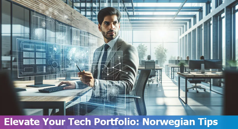 A tech professional showcasing their stand-out portfolio with the Norwegian fjords in the background.