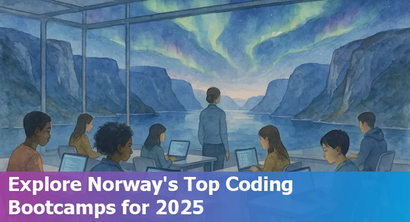 Students collaborating with laptops at a coding bootcamp in Oslo with AI-powered tools on screen.