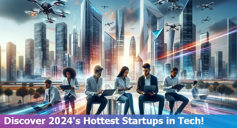 Image showing symbols of tech startups with futuristic background representing 2024.