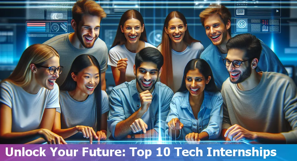 Top 10 tech internships visualized with logos from Google, Microsoft, Amazon, Facebook, IBM, Salesforce, LinkedIn, Apple, Lyft, and Intel.