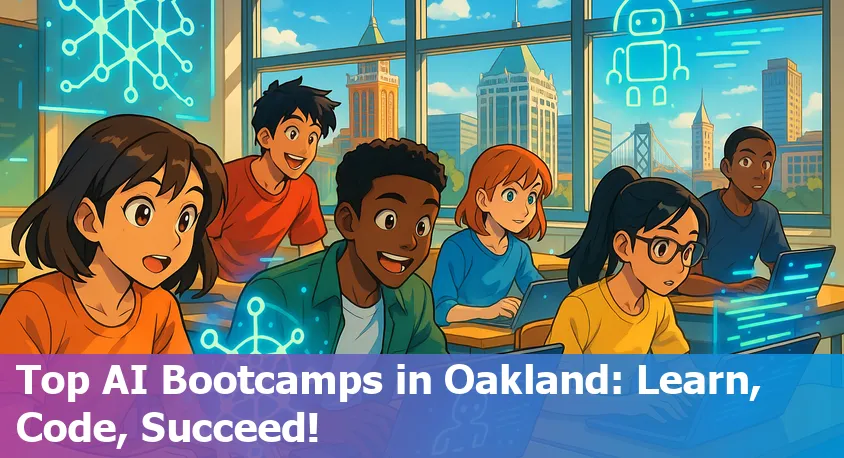 Oakland city skyline with digital AI graphics overlay representing top AI bootcamps in 2025.