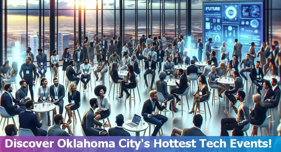 Collage of tech meetups and conferences in Oklahoma City, featuring diverse audiences and technology discussions.