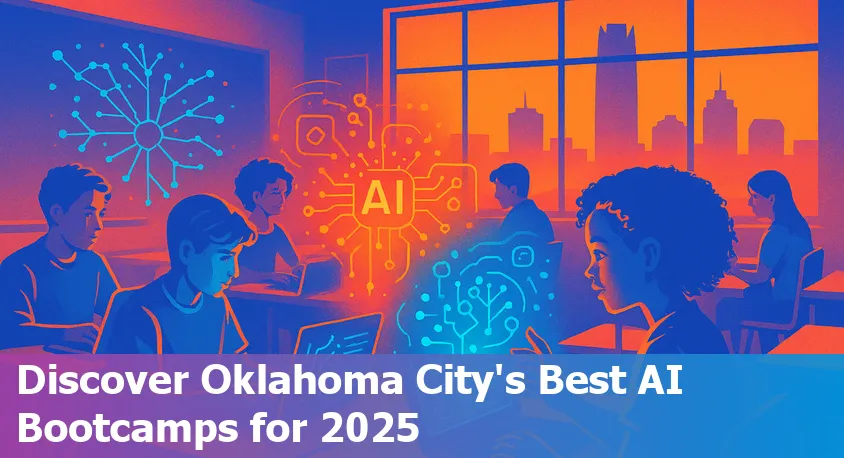 Oklahoma City skyline with icons representing artificial intelligence and online learning bootcamps.