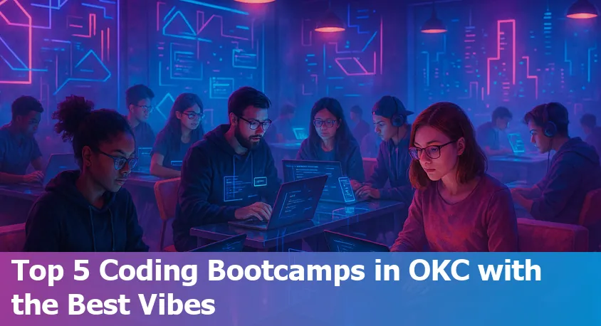 Five diverse coding students collaborating at computers in a modern Oklahoma City classroom, showcasing coding bootcamp community vibe.