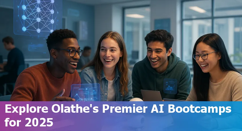 AI students in Olathe, Kansas learning online together with laptops, notebooks, and coding resources.