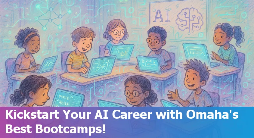 Students in Omaha, Nebraska, learning artificial intelligence at laptops during a modern bootcamp session.