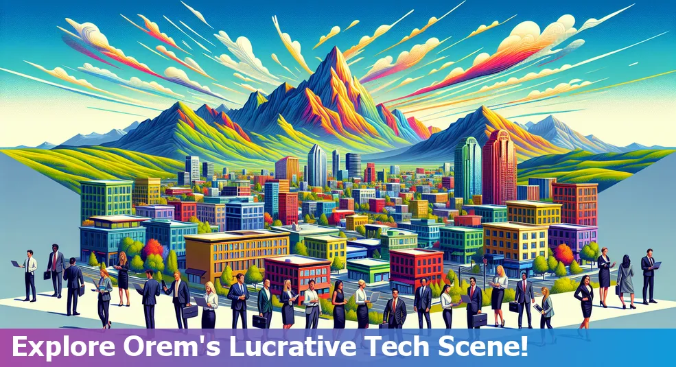 Orem Utah skyline with tech job opportunities illustration.