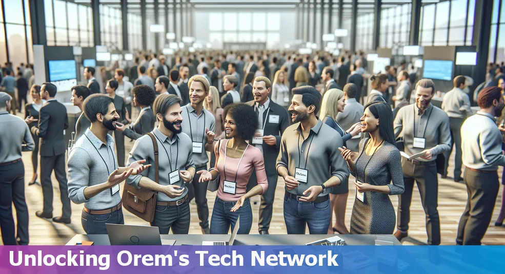 A group of professionals networking at a tech event in Orem, Utah.