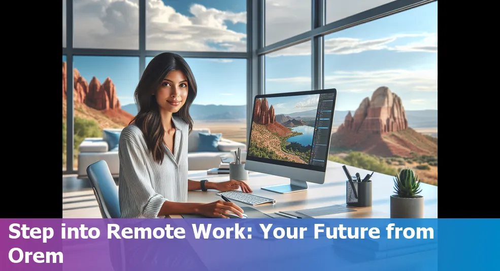 Person working remotely on a laptop with a view of the Utah mountains.