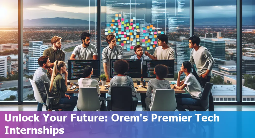 A diverse group of tech interns collaborating in an office setting in Orem, Utah.