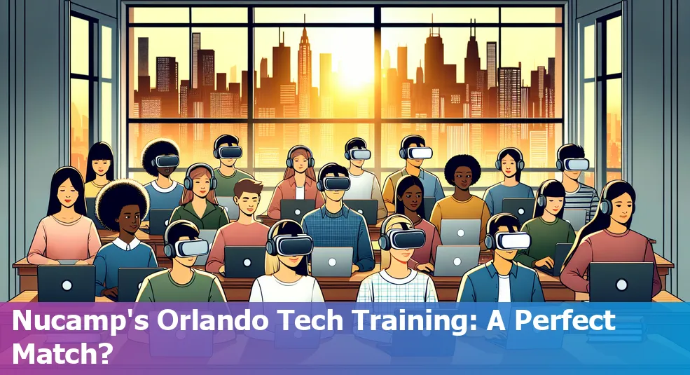 A laptop & the Orlando city skyline, symbolizing Nucamp's tech education presence in the city.