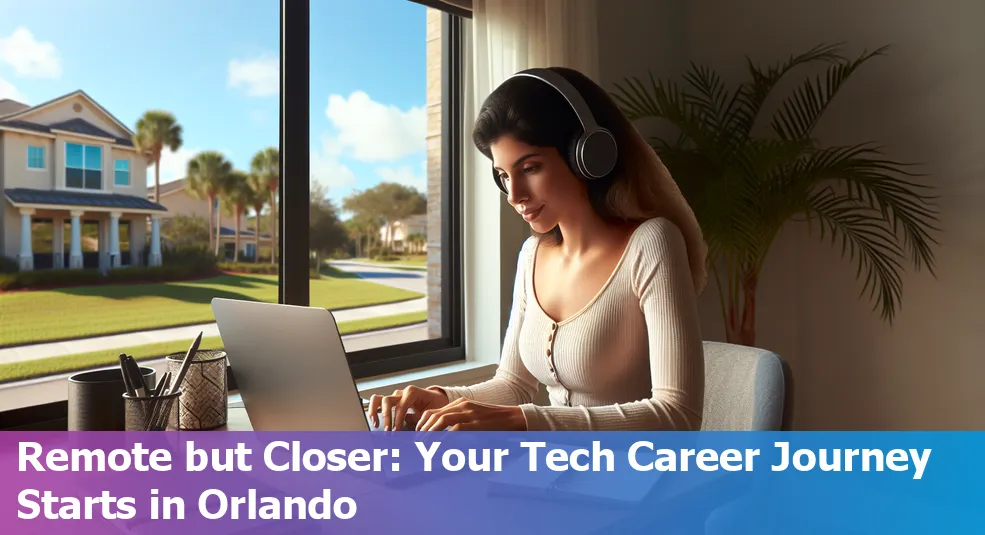 Orlando city illuminated at night with a backdrop of a laptop symbolizing remote tech work.