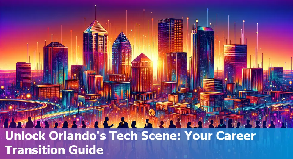 Orlando's cityscape with tech symbols, representing the city's burgeoning tech scene