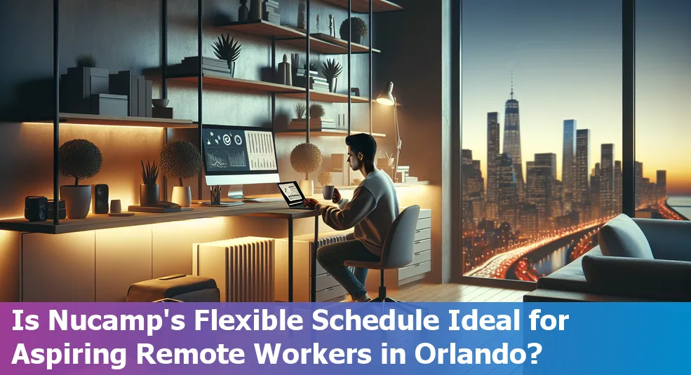 Orlando skyline with a silhouette of a remote worker, representing Nucamp's flexible schedule ideal for remote work in Orlando