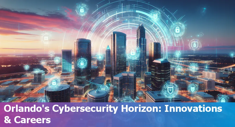 Orlando cityscape with a digital padlock symbol representing cybersecurity