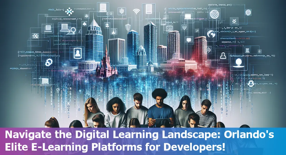 Illustration of ten different e-learning platforms symbols, representing top choices for developers in Orlando.