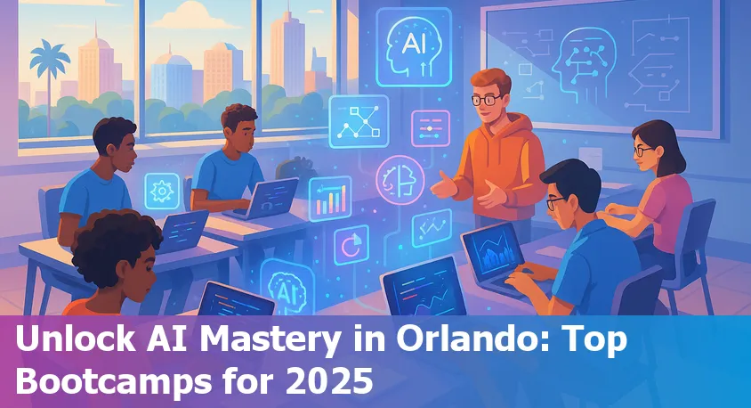 Students participating in an AI bootcamp in Orlando, Florida, working on laptops and collaborating in a classroom setting, 2025.