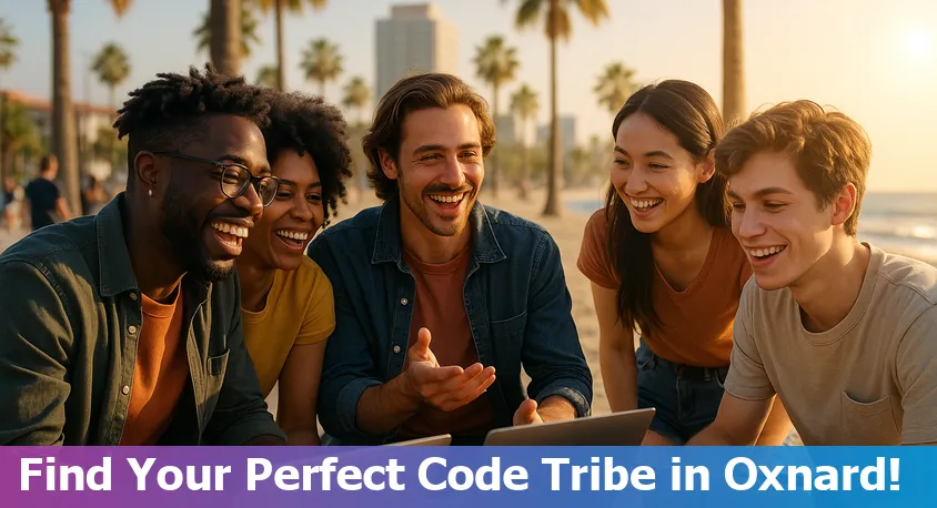 Five diverse students coding together at a vibrant technology bootcamp in Oxnard, California.