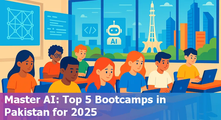 Students learning Artificial Intelligence at a bootcamp classroom in Pakistan, collaborating on laptops.