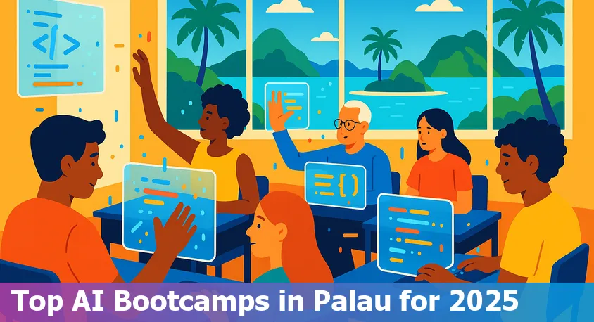 Collage of smiling students in online AI bootcamp classes, with a map of Palau in the background.