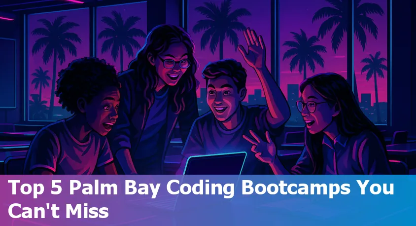 Coding students at laptops in a vibrant Palm Bay, Florida bootcamp classroom, 2025.