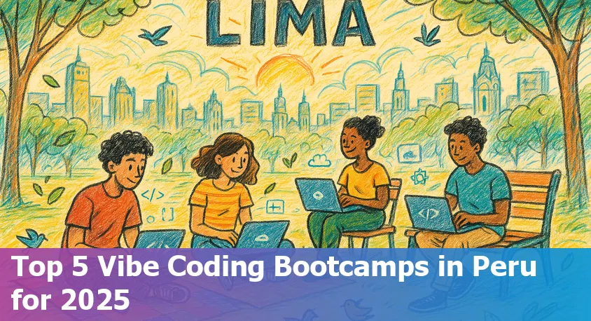 Peruvian students collaborating in a modern coding bootcamp classroom with laptops, code on screens, and digital vibe coding tools.