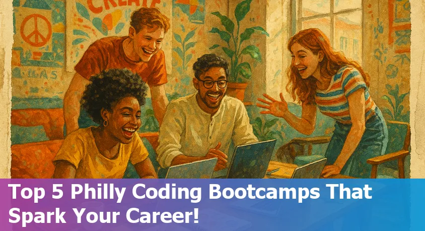 Philadelphia skyline with laptop and code snippets representing top coding bootcamps in 2025.