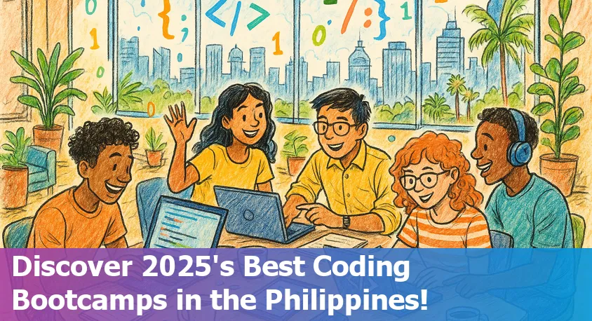 Five Filipino students coding together in a collaborative, modern classroom, representing top coding bootcamps in the Philippines.