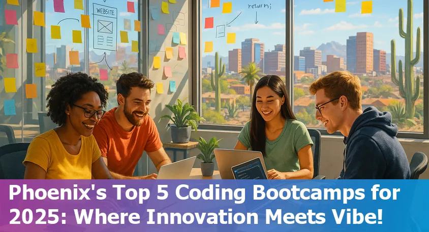 Coding bootcamp students collaborating in a modern Phoenix classroom with desert-inspired decor and laptops