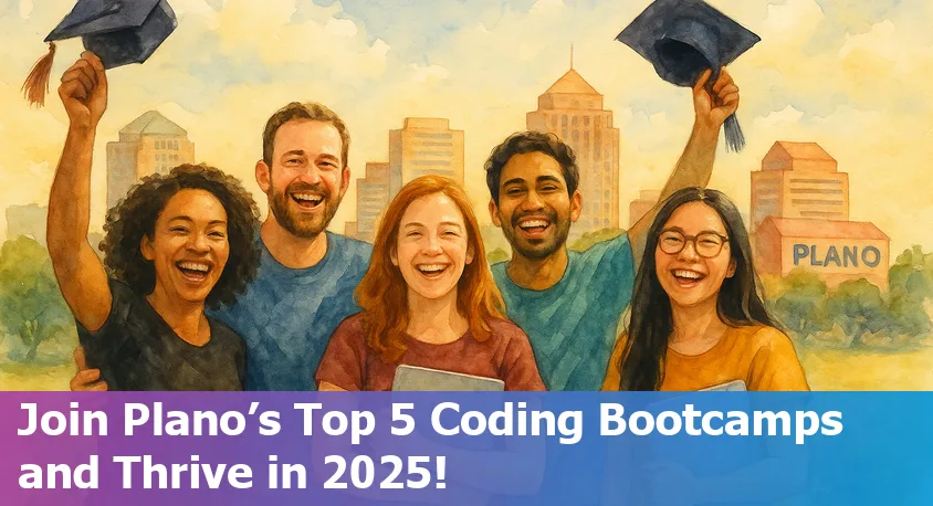 Plano Texas skyline with diverse coding students participating in collaborative bootcamp learning